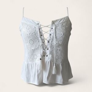 Taylor & Sage White Lace-Up Crochet Peplum Camisole With Tassles Medium